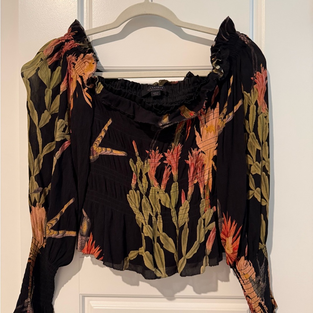 AllSaints Black Floral Smocked Peasant Blouse